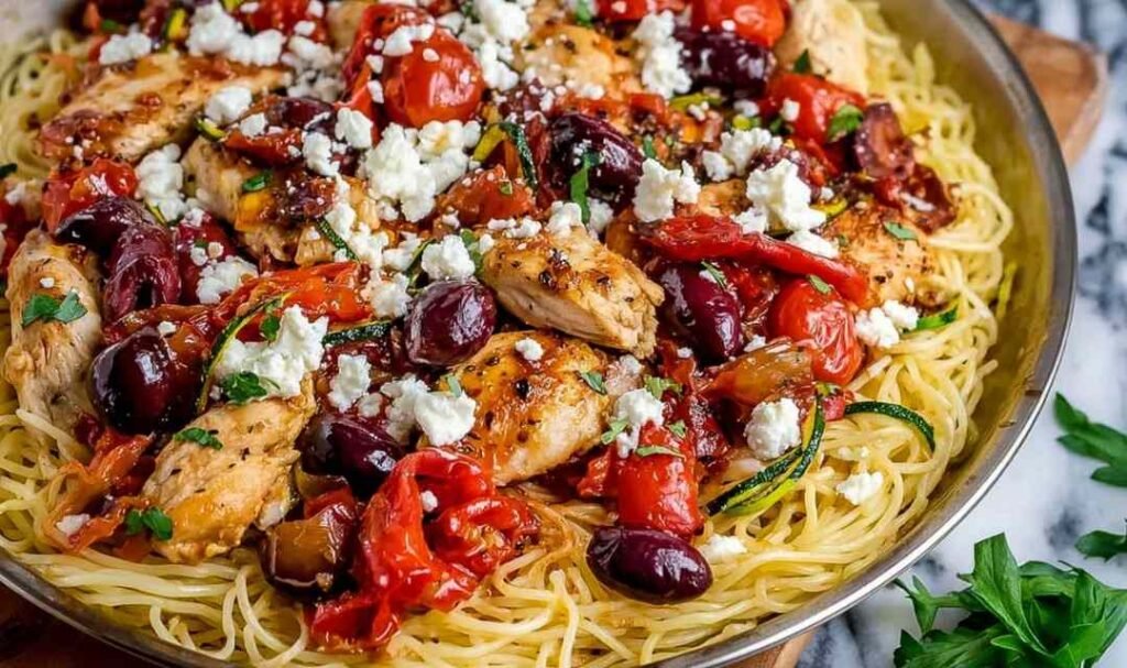 Greek pasta with chicken strips, kalamata olives, artichoke hearts, and crumbled feta cheese in a large skillet