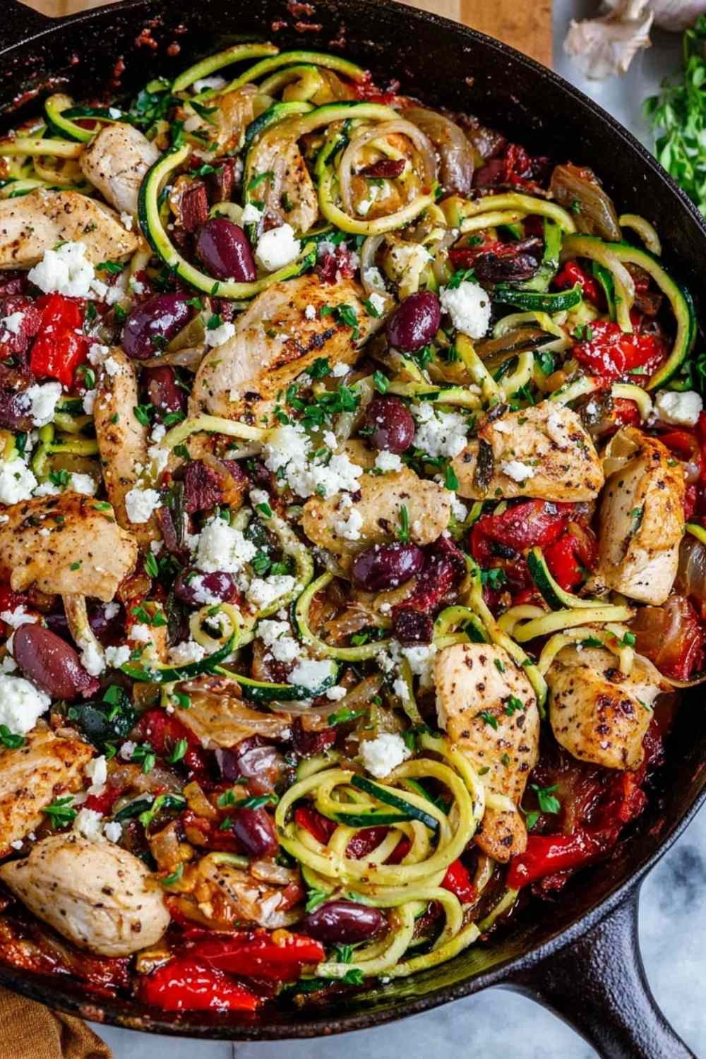 Greek pasta with chicken strips, kalamata olives, artichoke hearts, and crumbled feta cheese in a large skillet