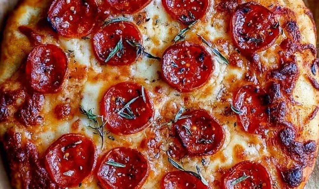 Homemade pizza recipe with crispy crust, melted mozzarella, and pepperoni sliced on a wooden board