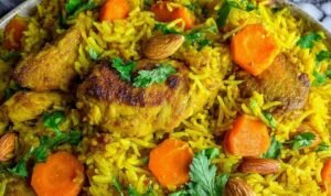 Indian Chicken Biryani Searing spiced chicken for Indian Chicken Biryani