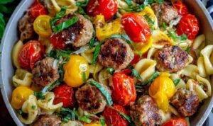 A shallow bowl of Italian sausage pasta with cherry tomatoes, green onions, and fresh basil garnish