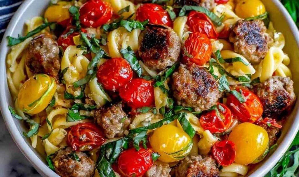A shallow bowl of Italian sausage pasta with cherry tomatoes, green onions, and fresh basil garnish