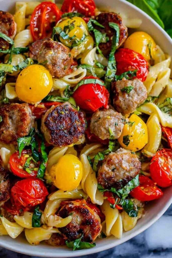 A shallow bowl of Italian sausage pasta with cherry tomatoes, green onions, and fresh basil garnish