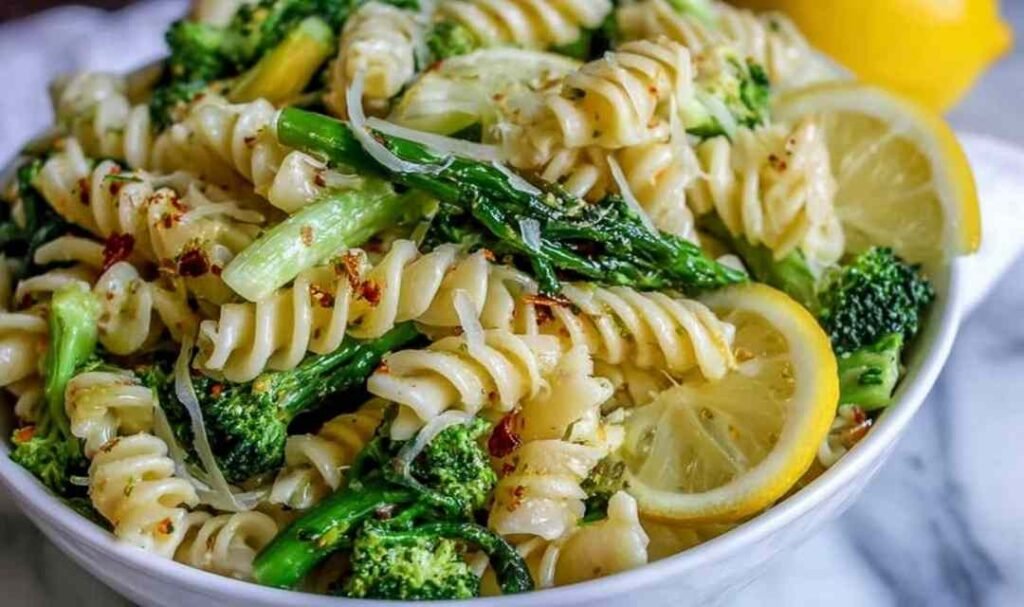 Lemon broccoli pasta in a skillet topped with freshly grated Parmesan and lemon wedges