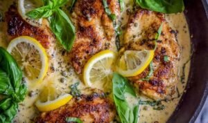 Golden pan-seared lemon chicken in basil cream sauce served in a cast iron skillet garnished with fresh basil and lemon wedges