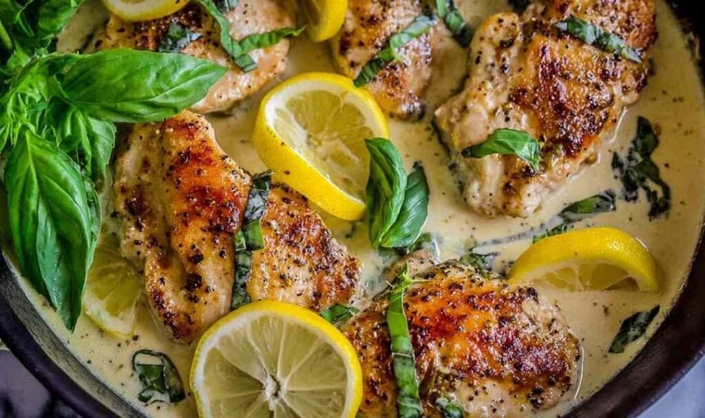 Golden pan-seared lemon chicken in basil cream sauce served in a cast iron skillet garnished with fresh basil and lemon wedges