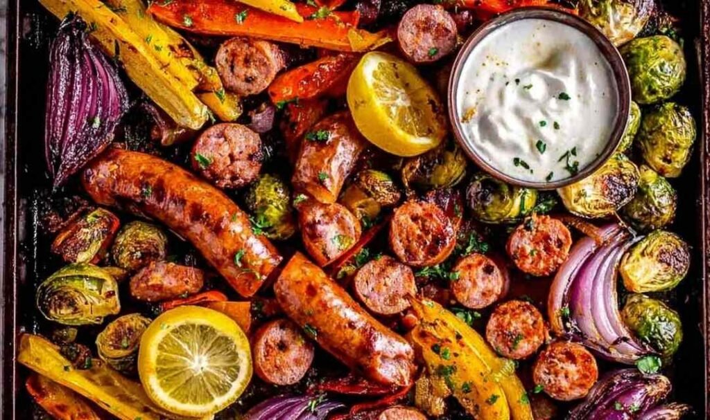 One pan sausage and veggies with lemon aioli on a foil-lined baking sheet fresh out of the oven with caramelized Brussels sprouts, sweet potato, and bratwurst