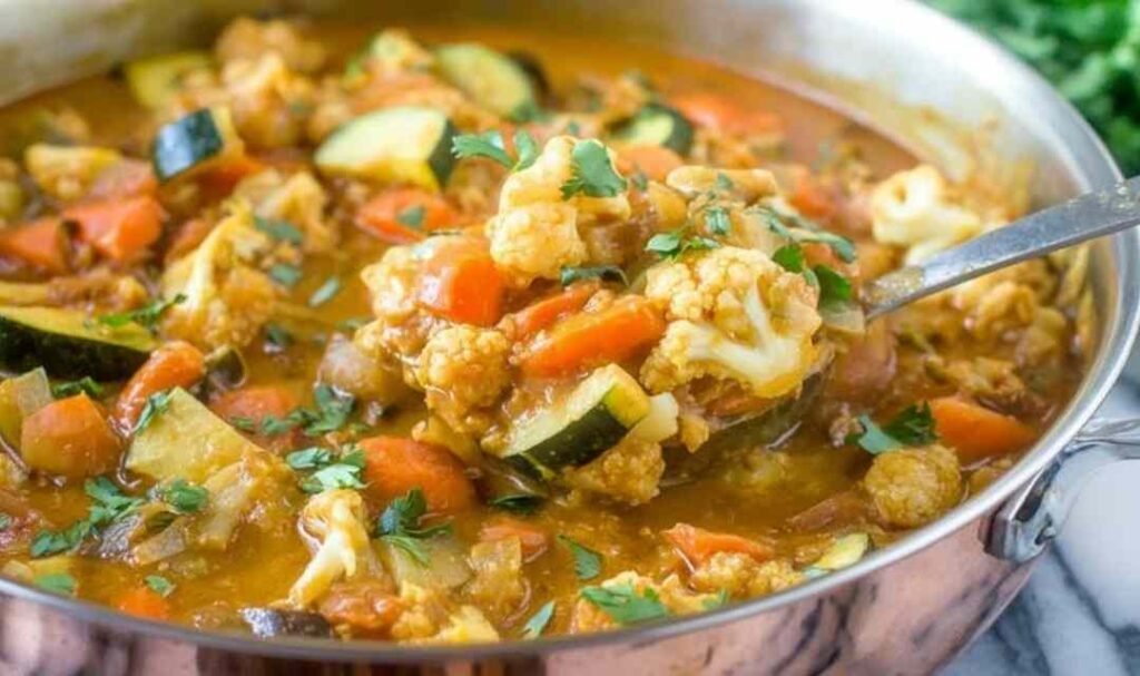 Large pot of one pot vegetable curry simmering with cauliflower, carrots, and zucchini in coconut milk and Indian simmer sauce