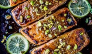 Two golden pan-seared salmon fillets with maple glaze in a cast iron skillet topped with chopped pistachios