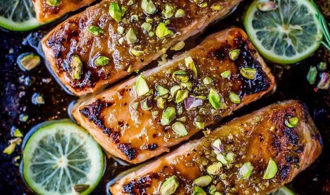 Pan-seared salmon with maple glaze and pistachios