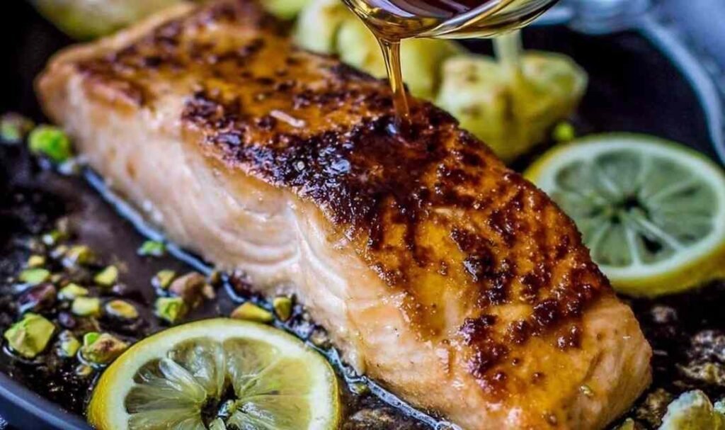Two golden pan-seared salmon fillets with maple glaze in a cast iron skillet topped with chopped pistachios