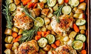 Raw sheet pan rosemary lime chicken thighs arranged with potatoes, carrots, zucchini, and lime wedges ready to roast
