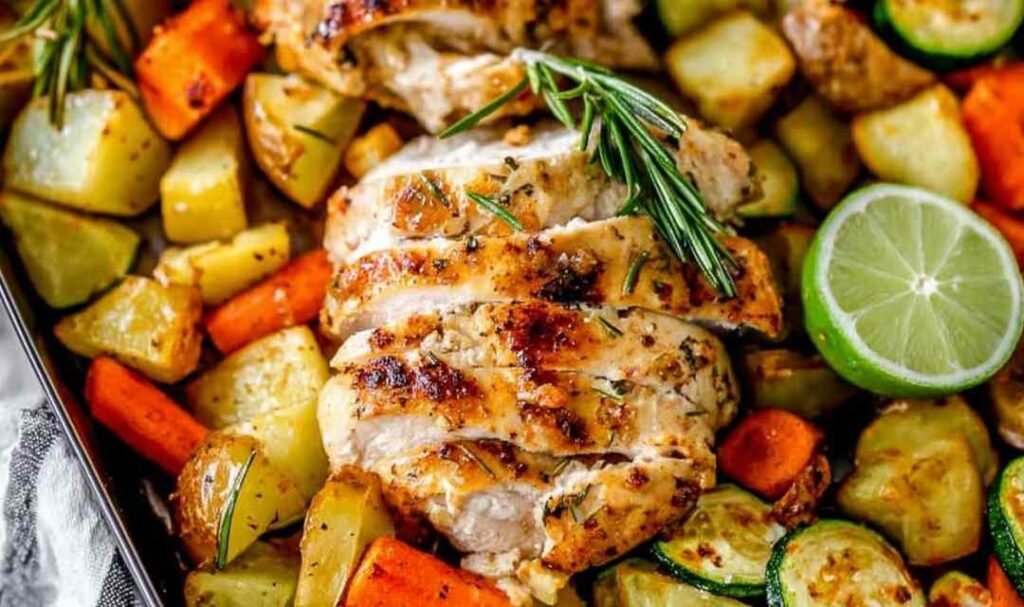 Raw sheet pan rosemary lime chicken thighs arranged with potatoes, carrots, zucchini, and lime wedges ready to roast