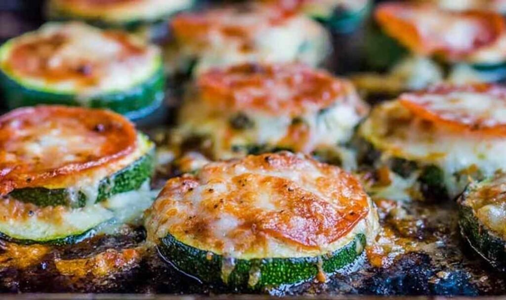 Golden zucchini pizza bites with melted mozzarella and pepperoni on a baking sheet fresh from the broiler