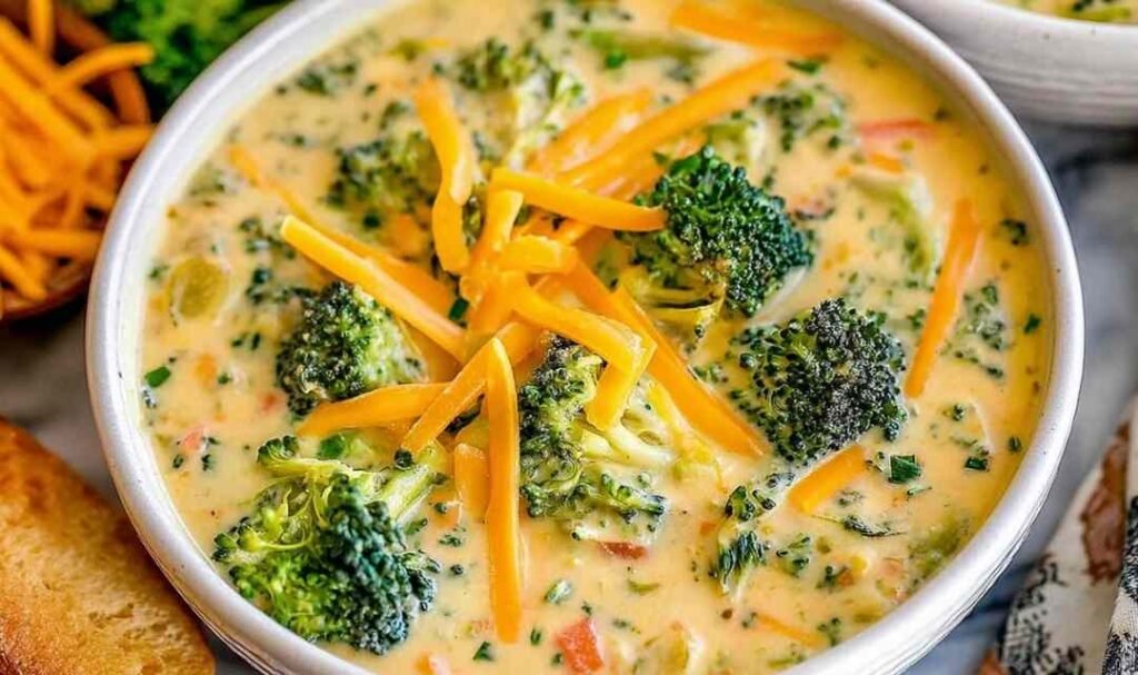 Bowl of easy broccoli cheese soup topped with cheddar
