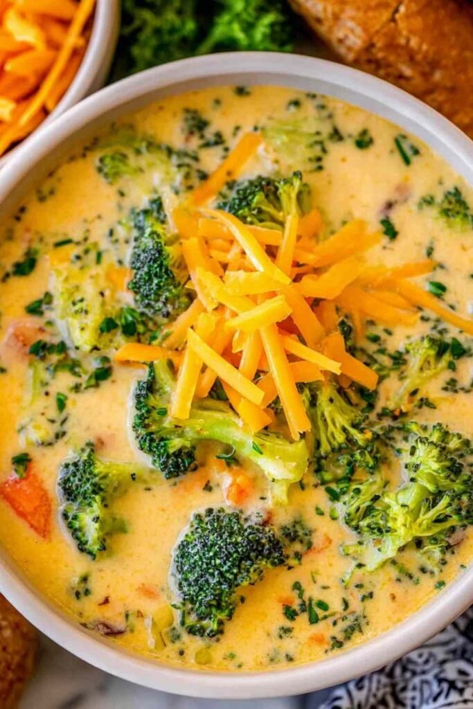 Bowl of easy broccoli cheese soup topped with cheddar