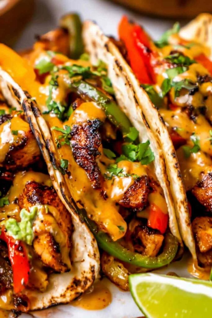 Raw chicken thighs sliced in a bowl with chicken fajitas marinade