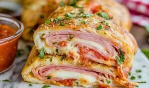 Easy Stromboli recipe dough rolled with ham and cheese