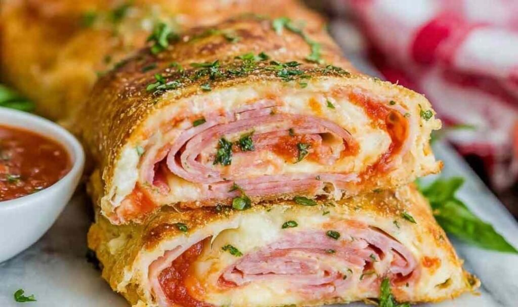 Easy Stromboli recipe dough rolled with ham and cheese