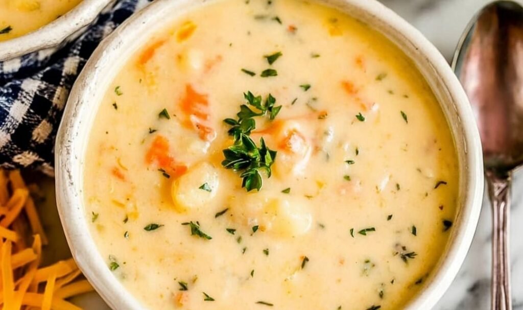 Chopped russet potatoes and diced carrots boiling in a pot for potato soup.