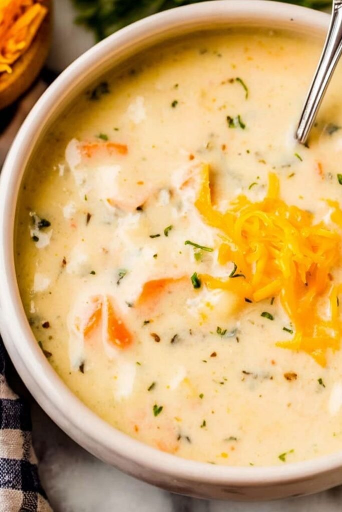 Chopped russet potatoes and diced carrots boiling in a pot for potato soup.